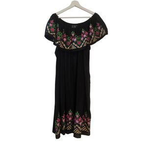 NEW Mexican Style Floral Embroidered Black Dress Womens Plus Size 3X 100% Rayon